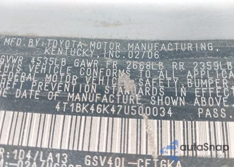 2007 Toyota Camry Xle V6 z USA, uszkodzony, nr VIN 4T1BK46K47U500034